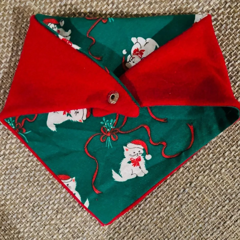 Christmas Cat Bandana Scarf is Reversable Sizes Small Handmade One of a Kind